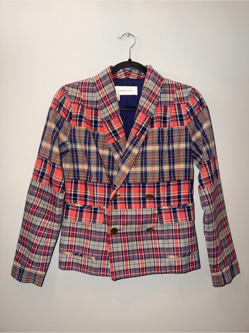 10 Crosby Derek Lam Pink Blue Plaid Double-Breasted Blazer